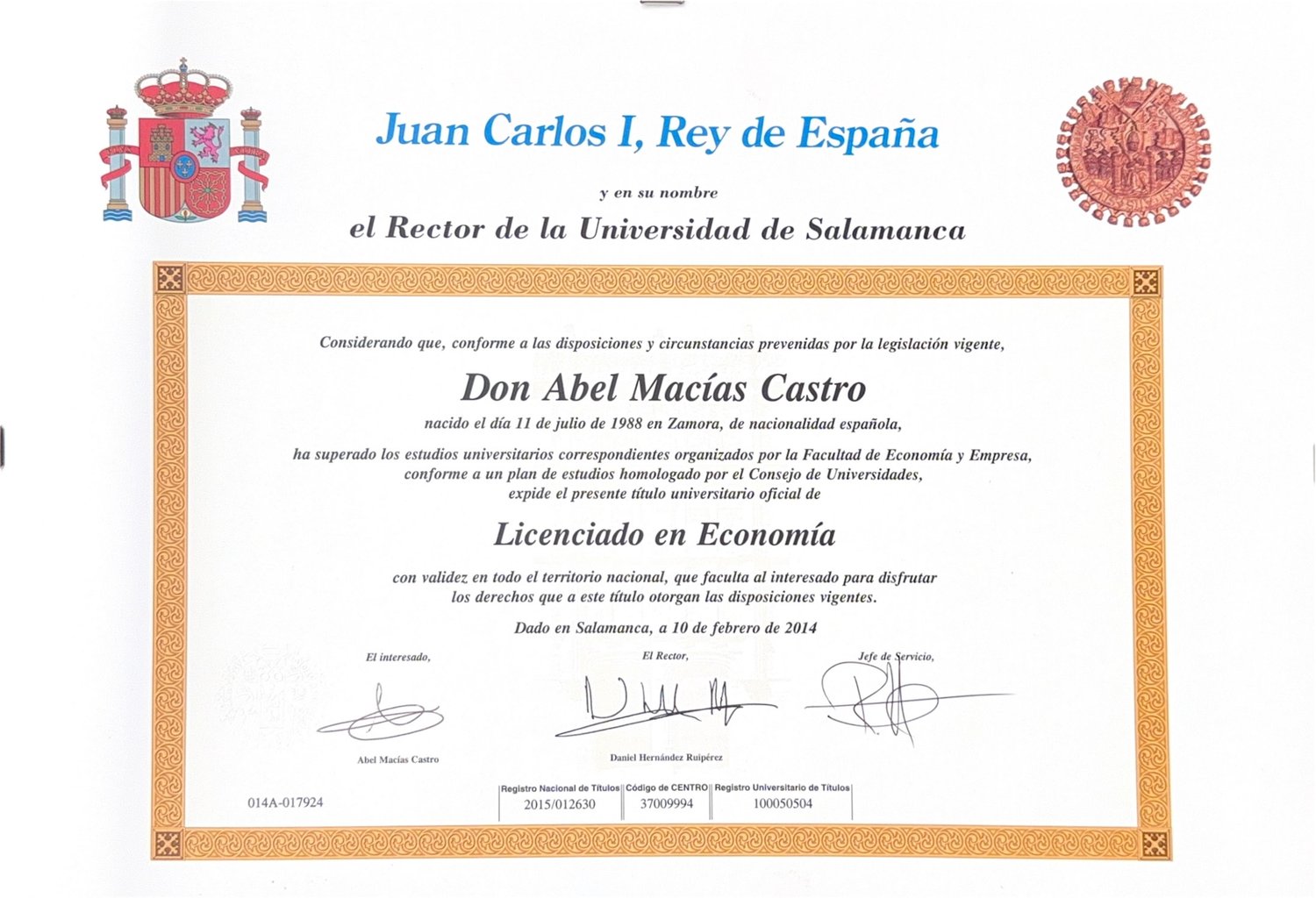 Título de Licenciado en Economía (Universidad de Salamanca)